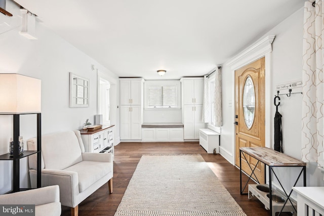 entryway with dark wood-style floors and radiator