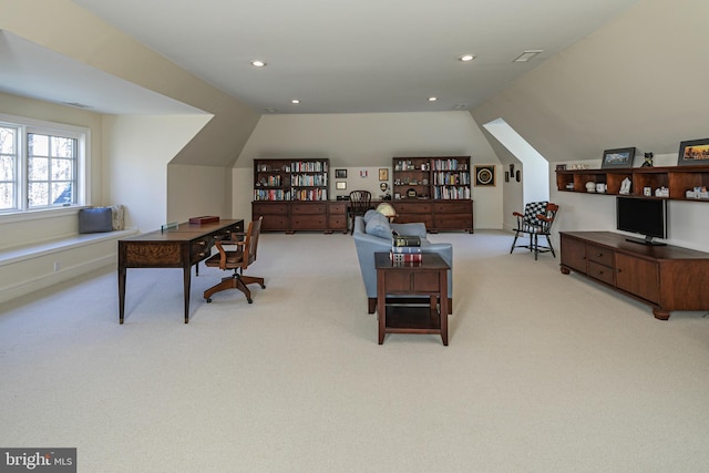 office area featuring light carpet, recessed lighting, and lofted ceiling