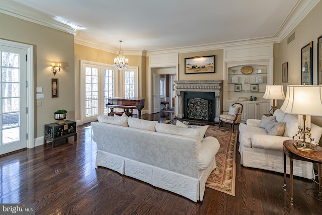 living room with a fireplace, visible vents, dark wood-style flooring, and crown molding