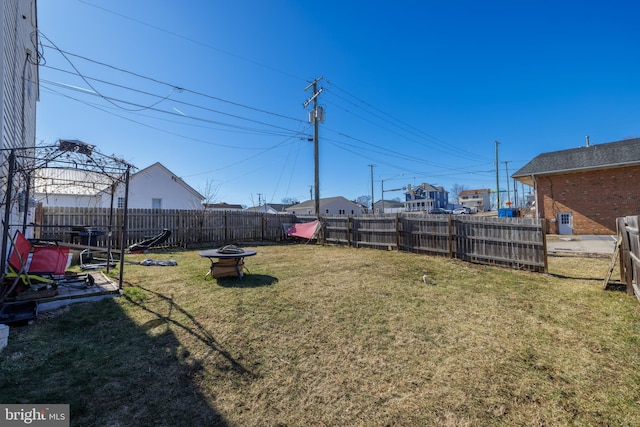 view of yard featuring an outdoor fire pit and a fenced backyard