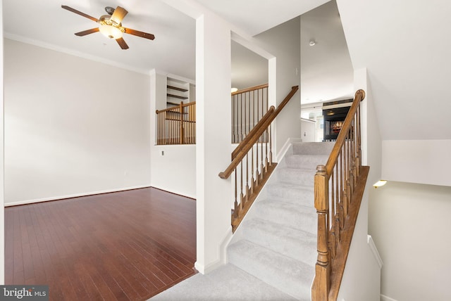 stairs with a ceiling fan, ornamental molding, baseboards, and hardwood / wood-style flooring