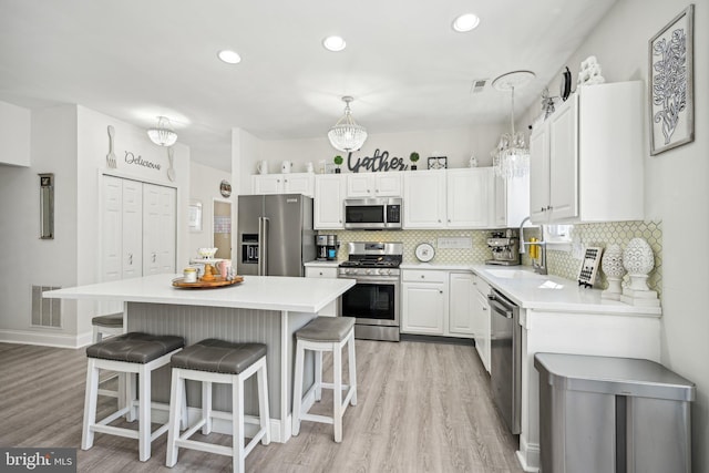 kitchen with a kitchen island, visible vents, white cabinetry, appliances with stainless steel finishes, and backsplash