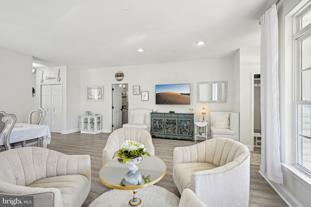 living room featuring baseboards, wood finished floors, a wealth of natural light, and recessed lighting