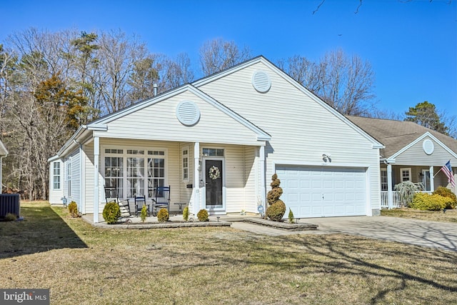 view of front of house with a garage, covered porch, a front lawn, and concrete driveway