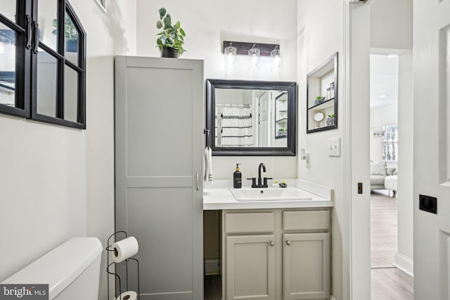 bathroom featuring vanity, toilet, and wood finished floors