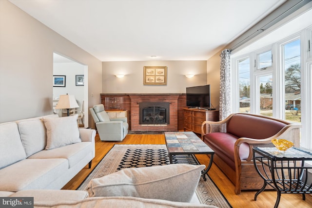 living room with a fireplace and wood finished floors