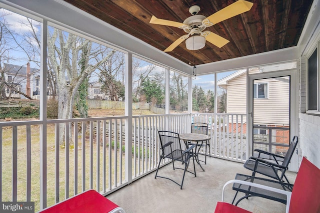 sunroom featuring ceiling fan and wood ceiling