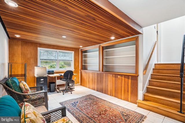 tiled home office with built in features, recessed lighting, and wooden ceiling