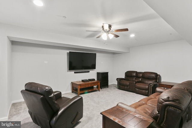 living room featuring ceiling fan, recessed lighting, carpet flooring, and baseboards