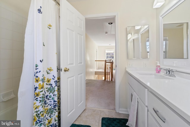 full bath featuring vanity, tile patterned floors, and a shower with shower curtain