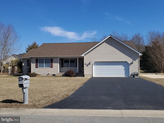 single story home with aphalt driveway, a front lawn, a shingled roof, and an attached garage