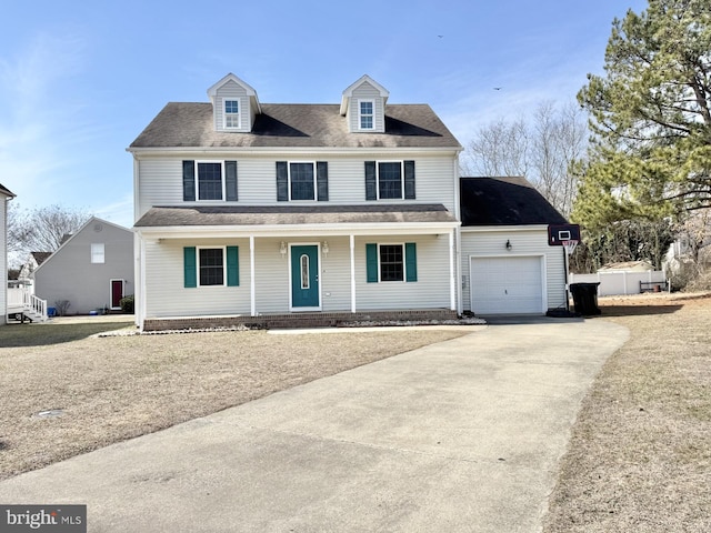 view of front of home with a porch, roof with shingles, driveway, and an attached garage