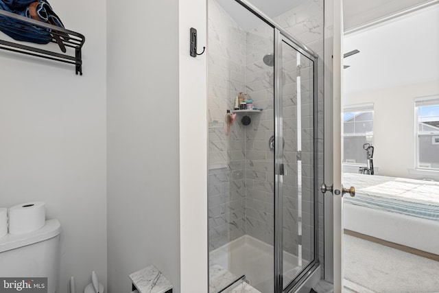 bathroom with toilet and a shower stall