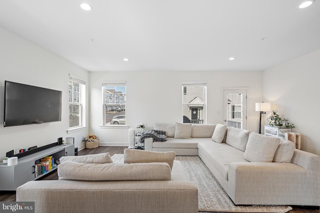 living room featuring baseboards, wood finished floors, and recessed lighting