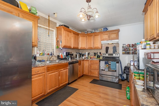 kitchen with light wood-style flooring, appliances with stainless steel finishes, crown molding, under cabinet range hood, and a sink