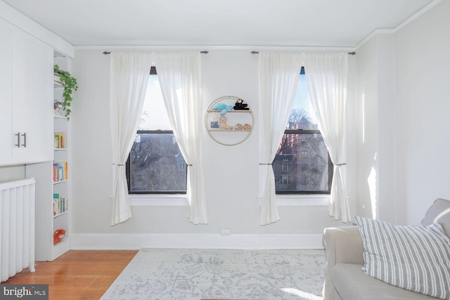 room details with radiator heating unit, wood finished floors, and baseboards