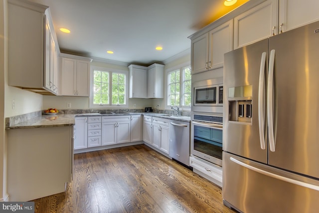 kitchen featuring dark wood-type flooring, a sink, recessed lighting, appliances with stainless steel finishes, and crown molding