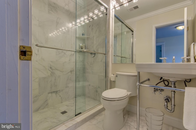 bathroom featuring visible vents, a shower stall, crown molding, toilet, and marble finish floor