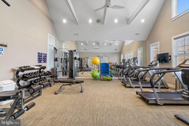 gym featuring carpet floors, visible vents, and a healthy amount of sunlight