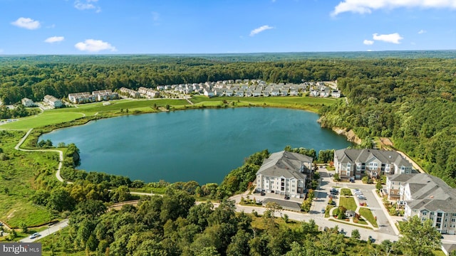 drone / aerial view with a water view and a view of trees