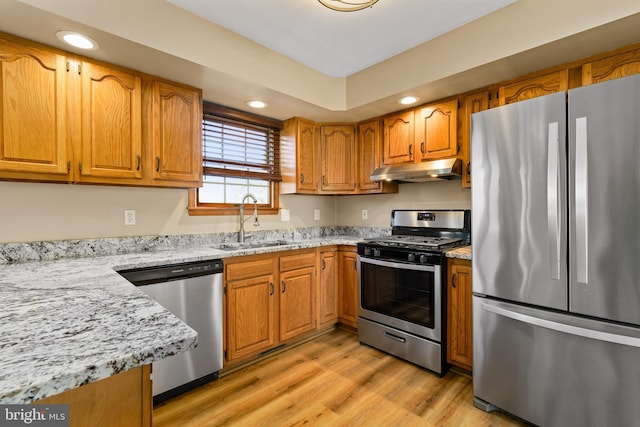 kitchen featuring appliances with stainless steel finishes, brown cabinetry, a sink, and under cabinet range hood