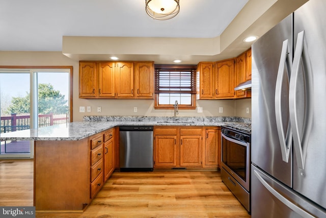 kitchen featuring brown cabinets, appliances with stainless steel finishes, a sink, a peninsula, and under cabinet range hood