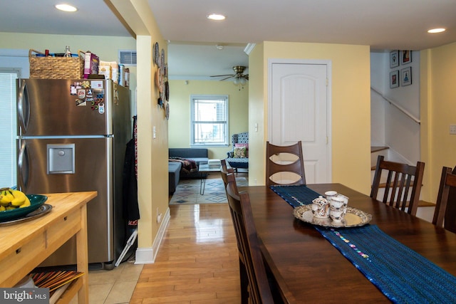 dining area with stairs, recessed lighting, a ceiling fan, and light wood-style floors