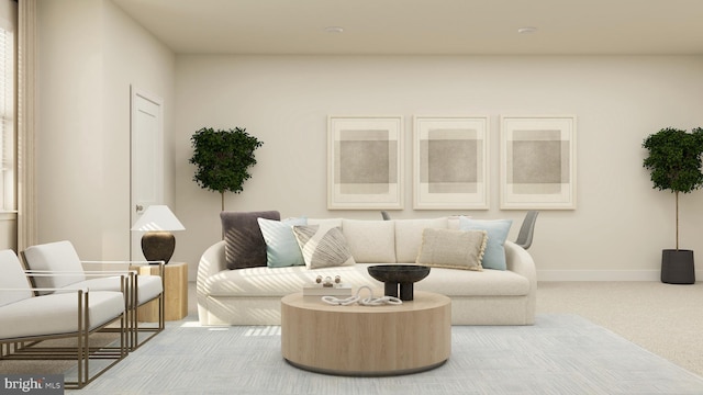 living area featuring carpet and baseboards