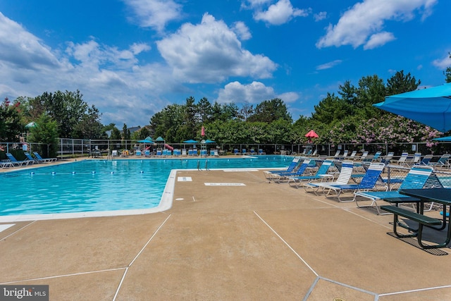 community pool with a patio and fence