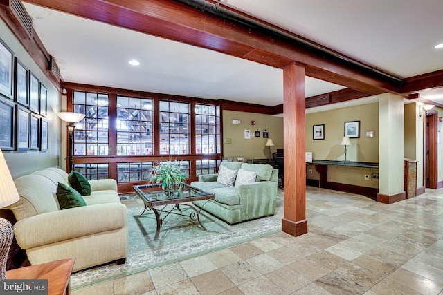 living room featuring beamed ceiling, recessed lighting, a wealth of natural light, and baseboards