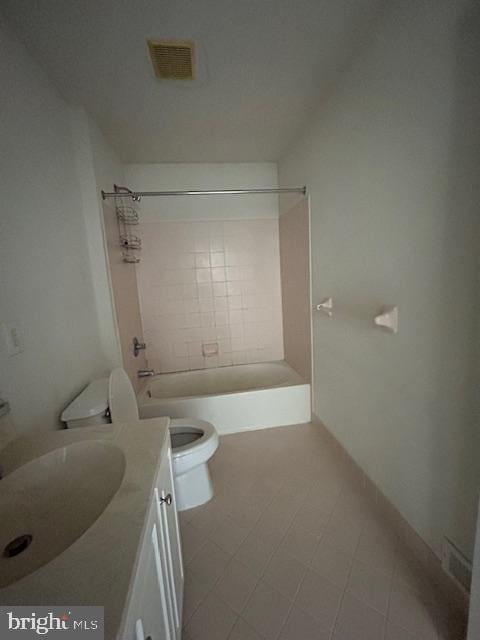 full bathroom with toilet, visible vents, tub / shower combination, and vanity