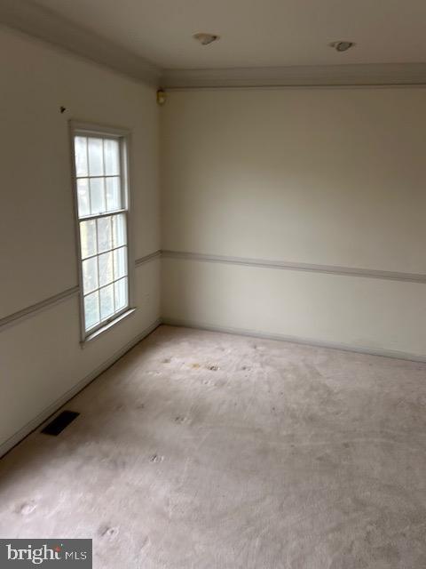 empty room with light carpet, ornamental molding, and visible vents