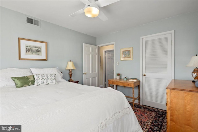 bedroom featuring a closet, visible vents, and a ceiling fan