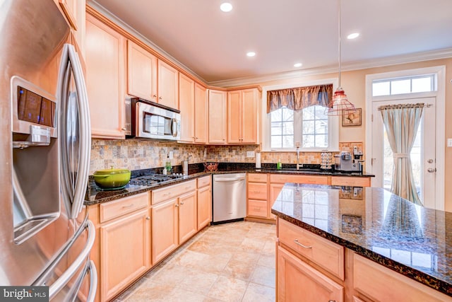 kitchen with stainless steel appliances, light brown cabinetry, backsplash, and crown molding