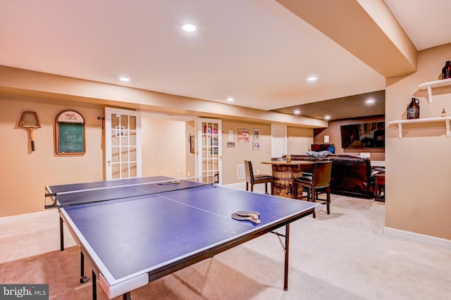 game room featuring recessed lighting, carpet flooring, and baseboards