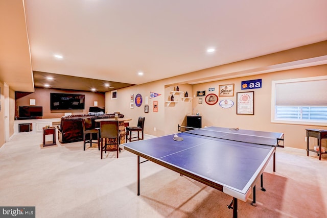 game room featuring carpet floors, baseboards, and recessed lighting