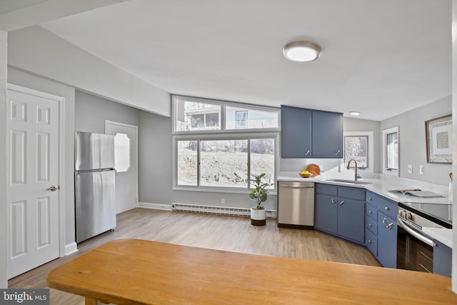 kitchen featuring blue cabinets, a baseboard heating unit, stainless steel appliances, a sink, and light countertops