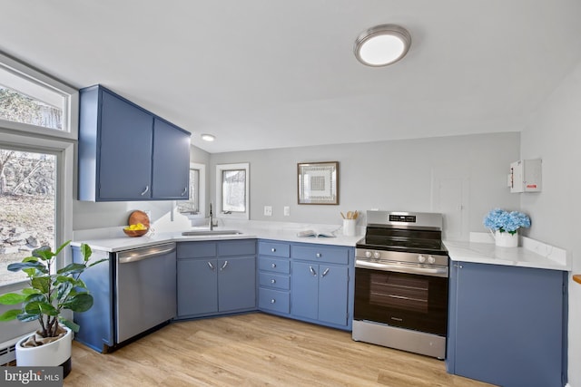 kitchen with light countertops, appliances with stainless steel finishes, a sink, and light wood-style flooring