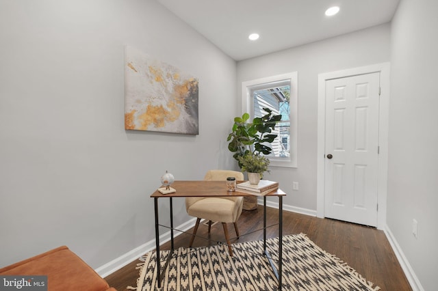 office space with recessed lighting, baseboards, and wood finished floors