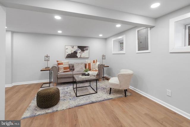 living room featuring electric panel, baseboards, wood finished floors, and recessed lighting