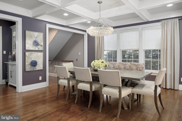 dining room with beam ceiling, dark wood-type flooring, an inviting chandelier, and coffered ceiling