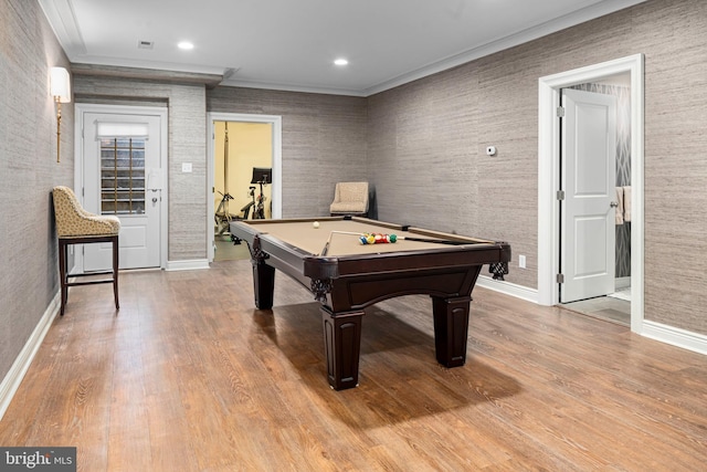 recreation room featuring ornamental molding, wood finished floors, recessed lighting, pool table, and baseboards