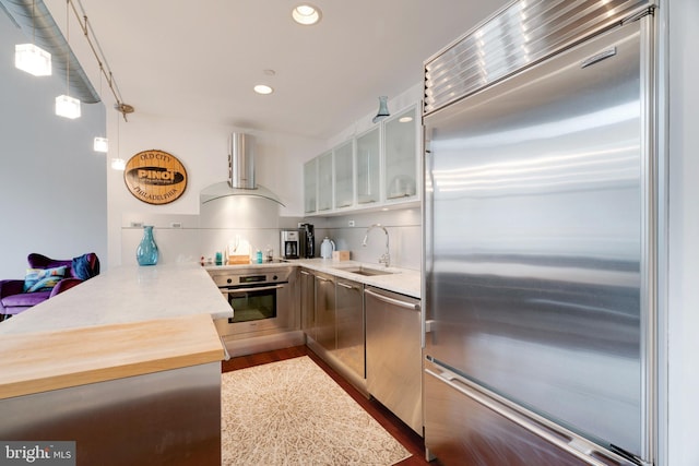 kitchen featuring stainless steel appliances, glass insert cabinets, a sink, a peninsula, and extractor fan