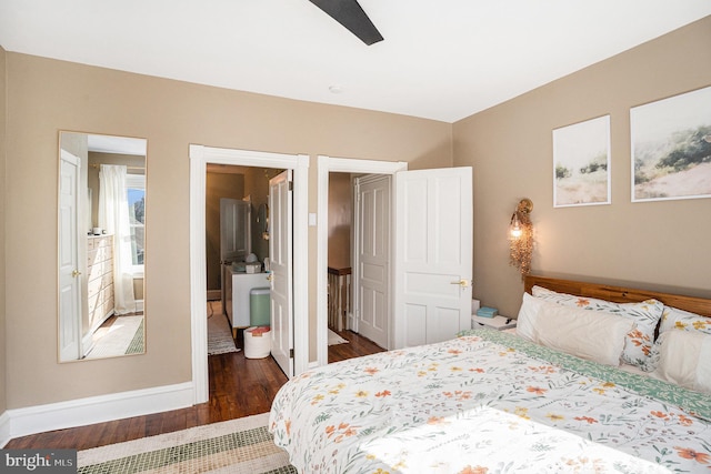 bedroom with ceiling fan, baseboards, and wood finished floors