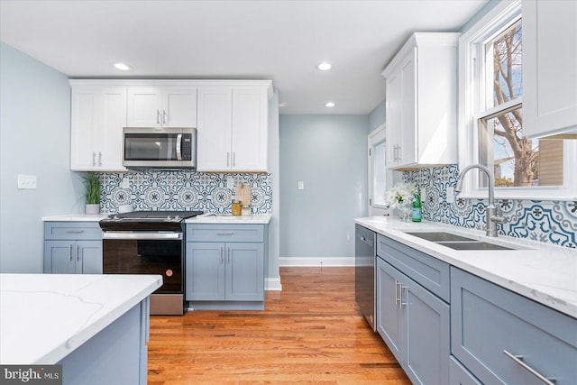 kitchen featuring appliances with stainless steel finishes, a sink, white cabinetry, and light wood-style floors