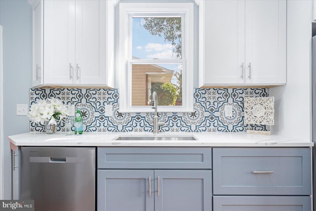 kitchen featuring a sink, white cabinets, decorative backsplash, and dishwasher