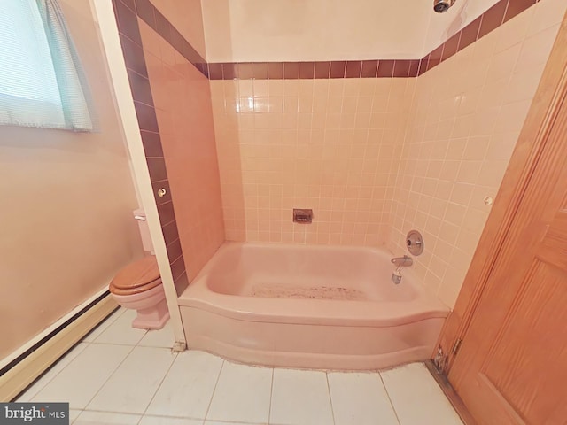 bathroom featuring a baseboard heating unit, tub / shower combination, tile patterned flooring, and toilet