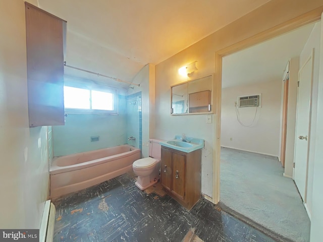 bathroom featuring toilet, a wall mounted air conditioner, bathtub / shower combination, baseboard heating, and vanity