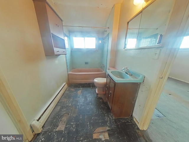 bathroom featuring toilet, tub / shower combination, baseboard heating, and vanity