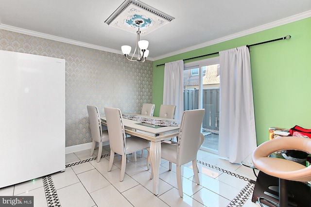 dining room with a chandelier, light tile patterned floors, baseboards, ornamental molding, and wallpapered walls